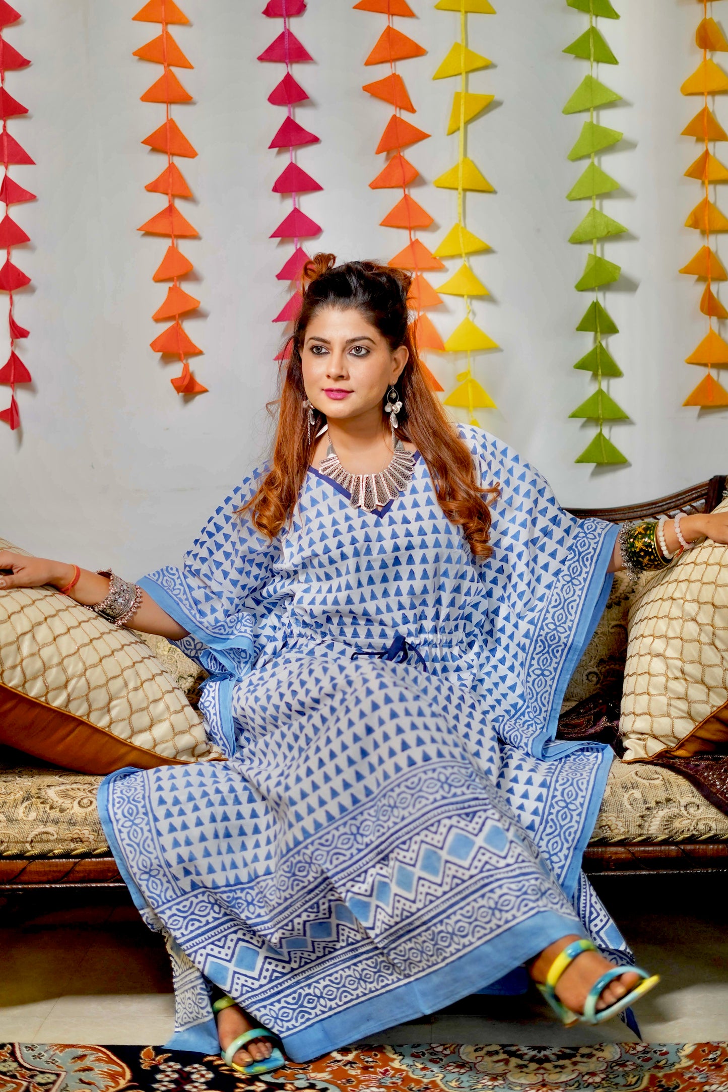 White & Small Blue Boota Cotton Kaftan