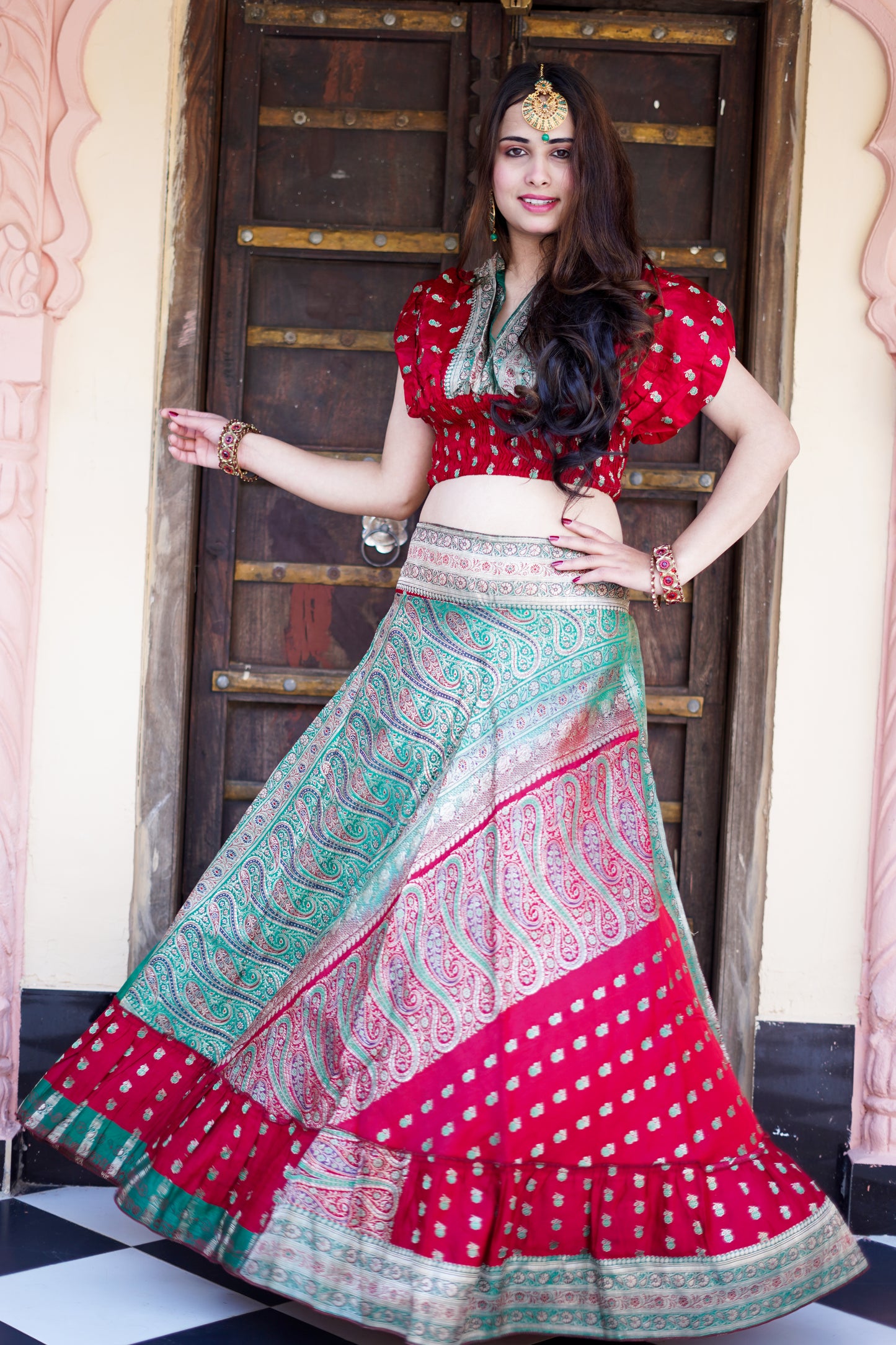 Brocade Skirt co-ords - Red & Green