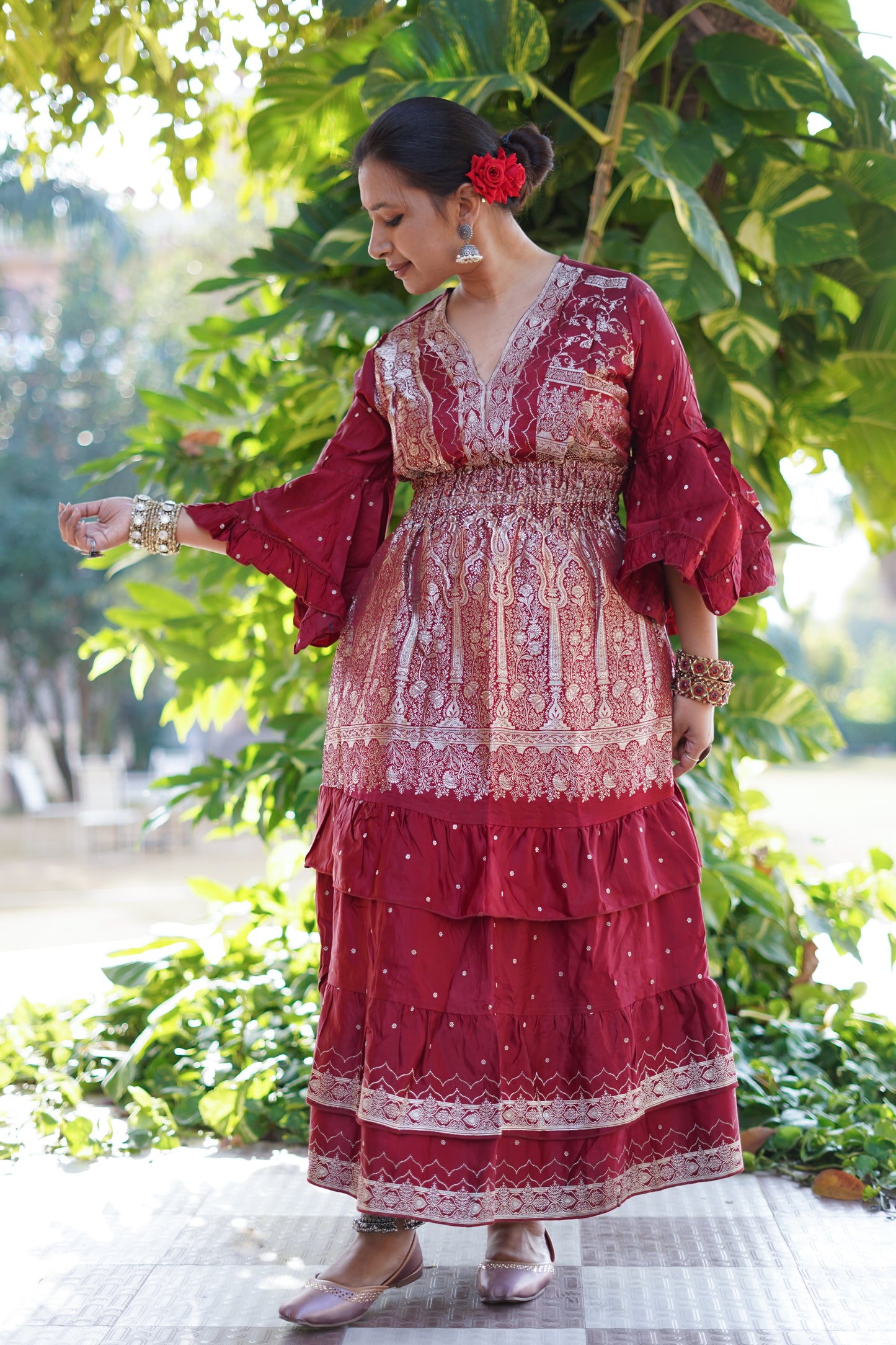 Brocade Dress - Dark Red