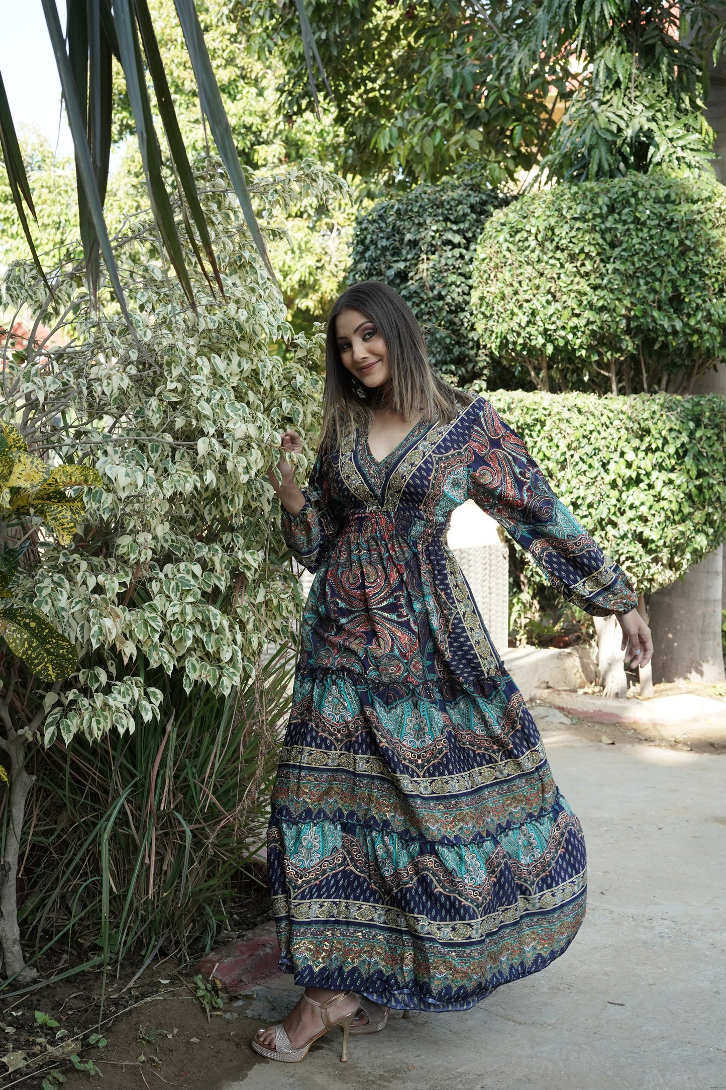 Blue & Green Long V Neck Dress