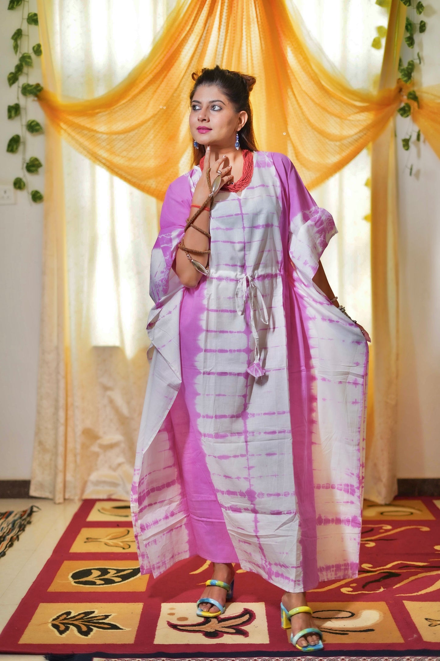 White and Pink Cotton Kaftan