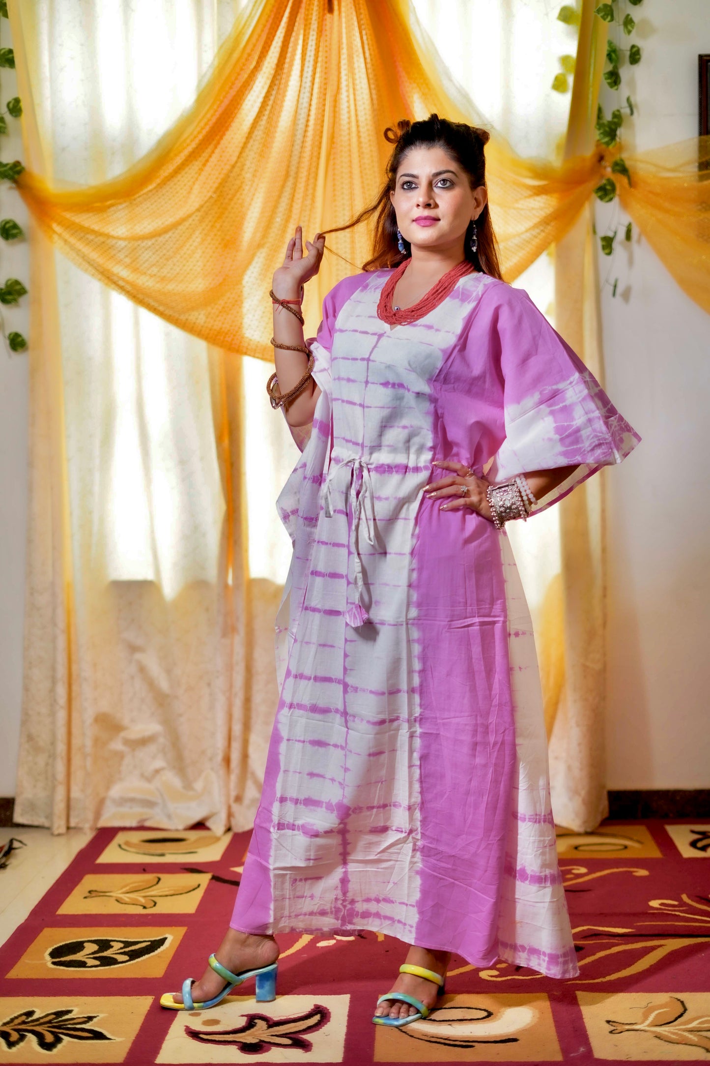 White and Pink Cotton Kaftan