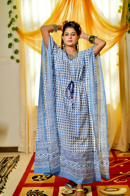 White & Small Blue Boota Cotton Kaftan