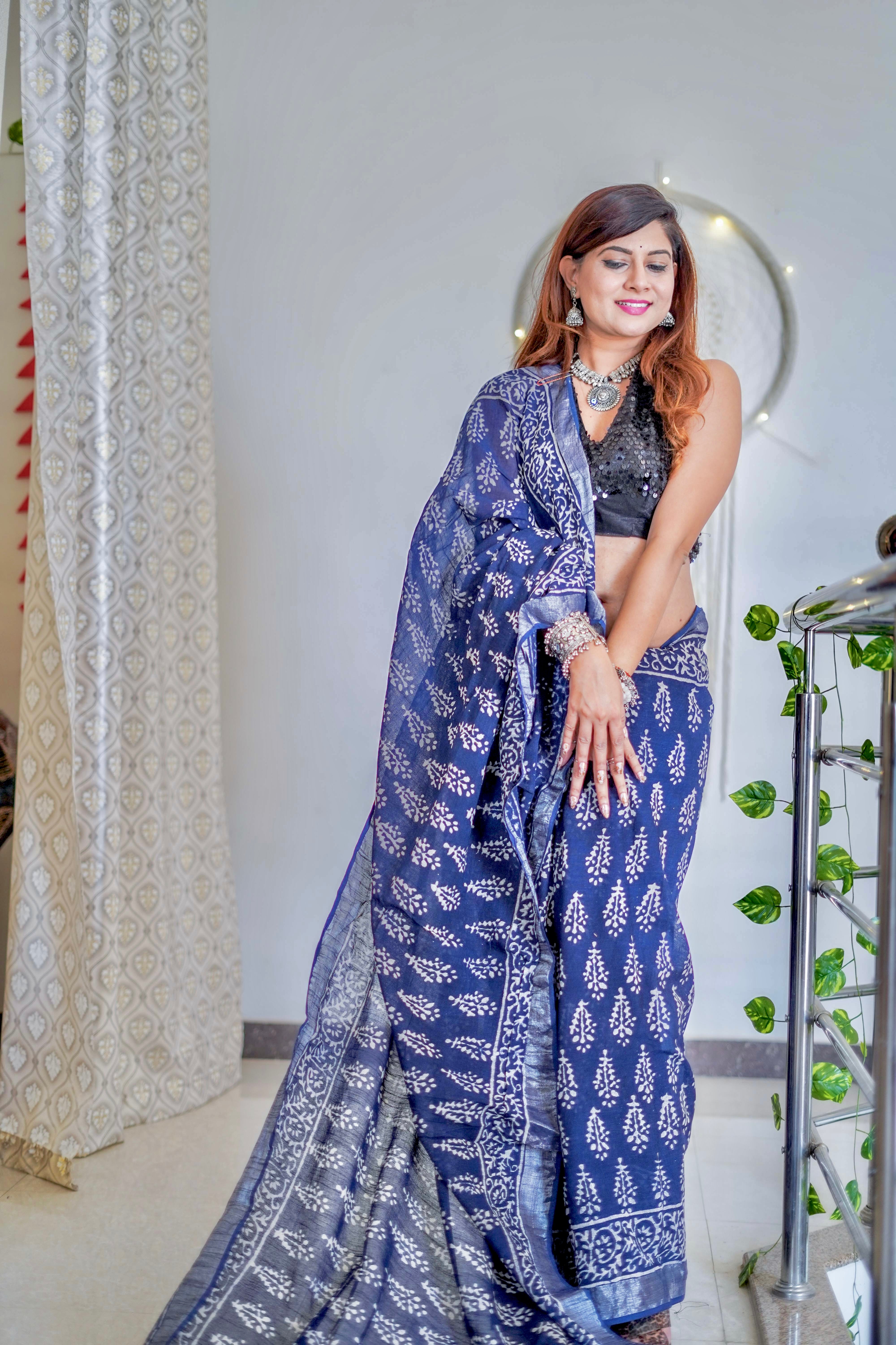 NEEL- cotton slub block print indigo saree with blouse