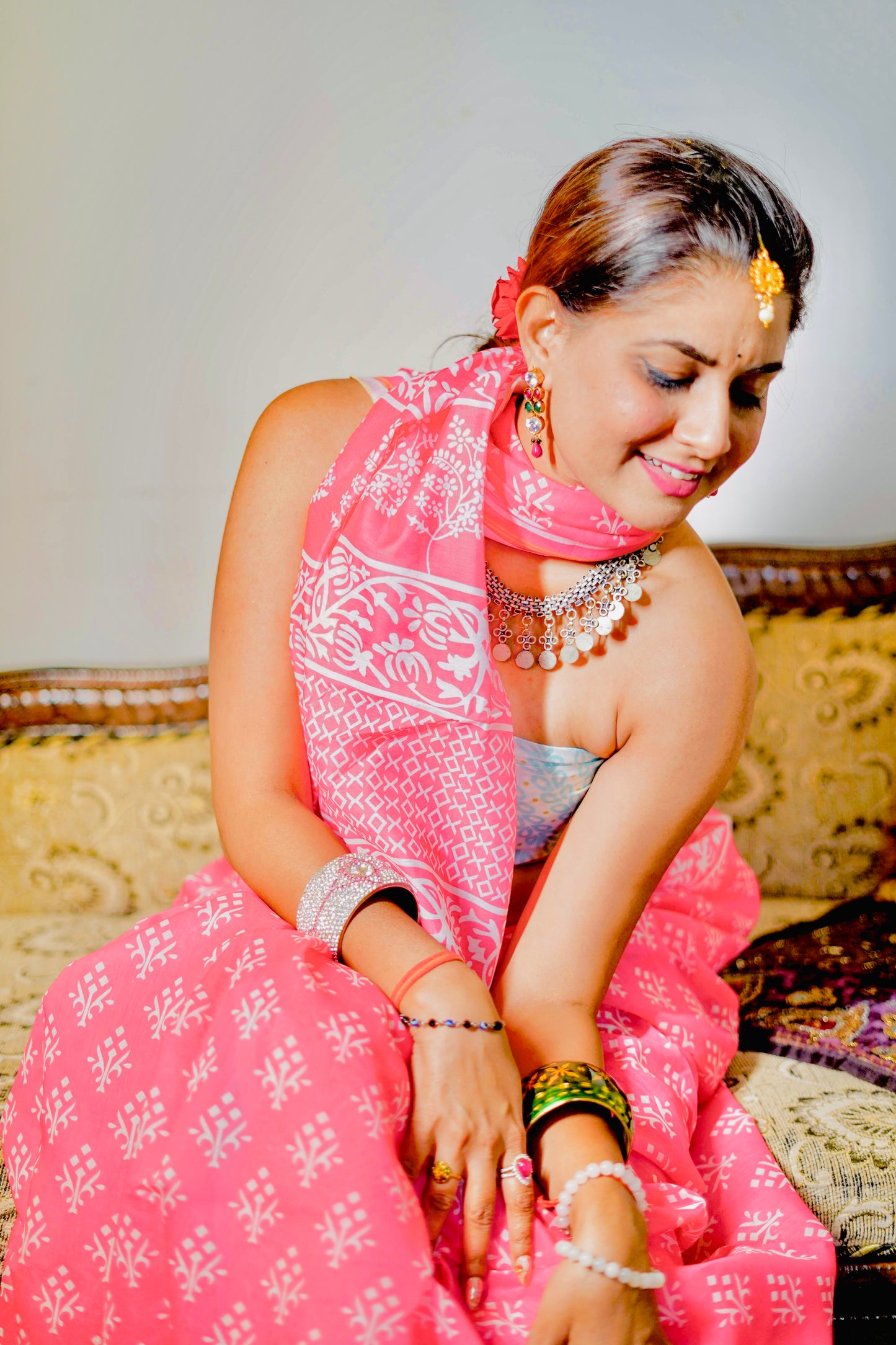 Orange Pink Mul Mul Saree