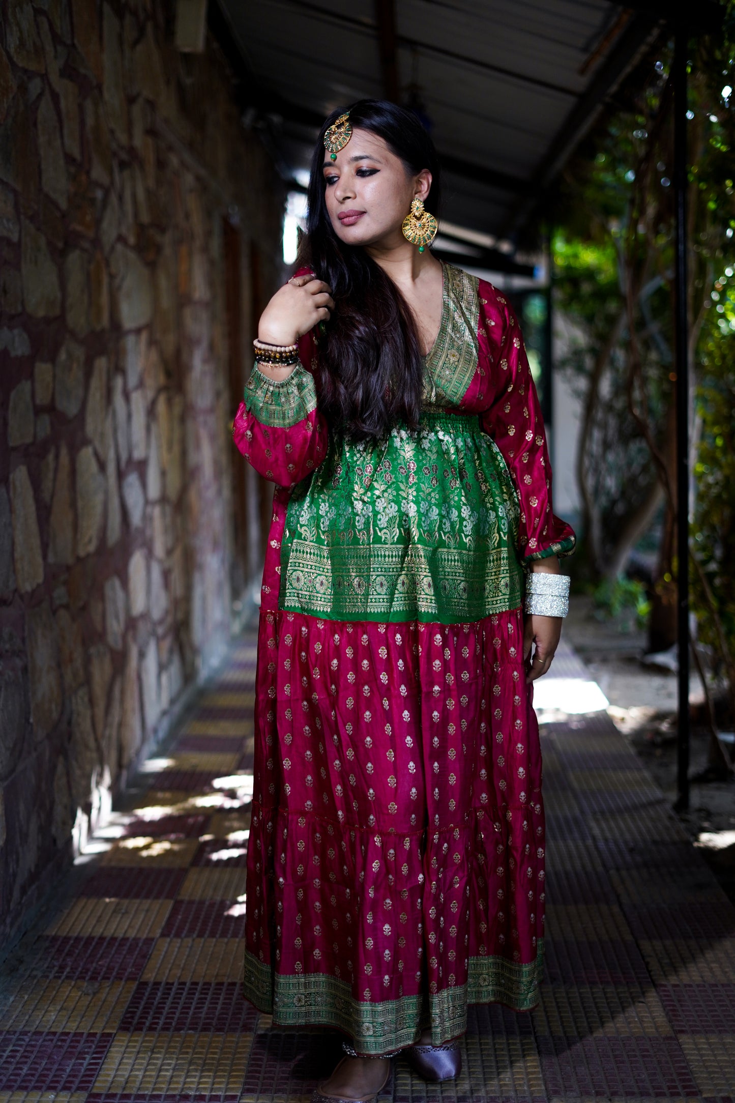 Brocade Dress - Red & Green