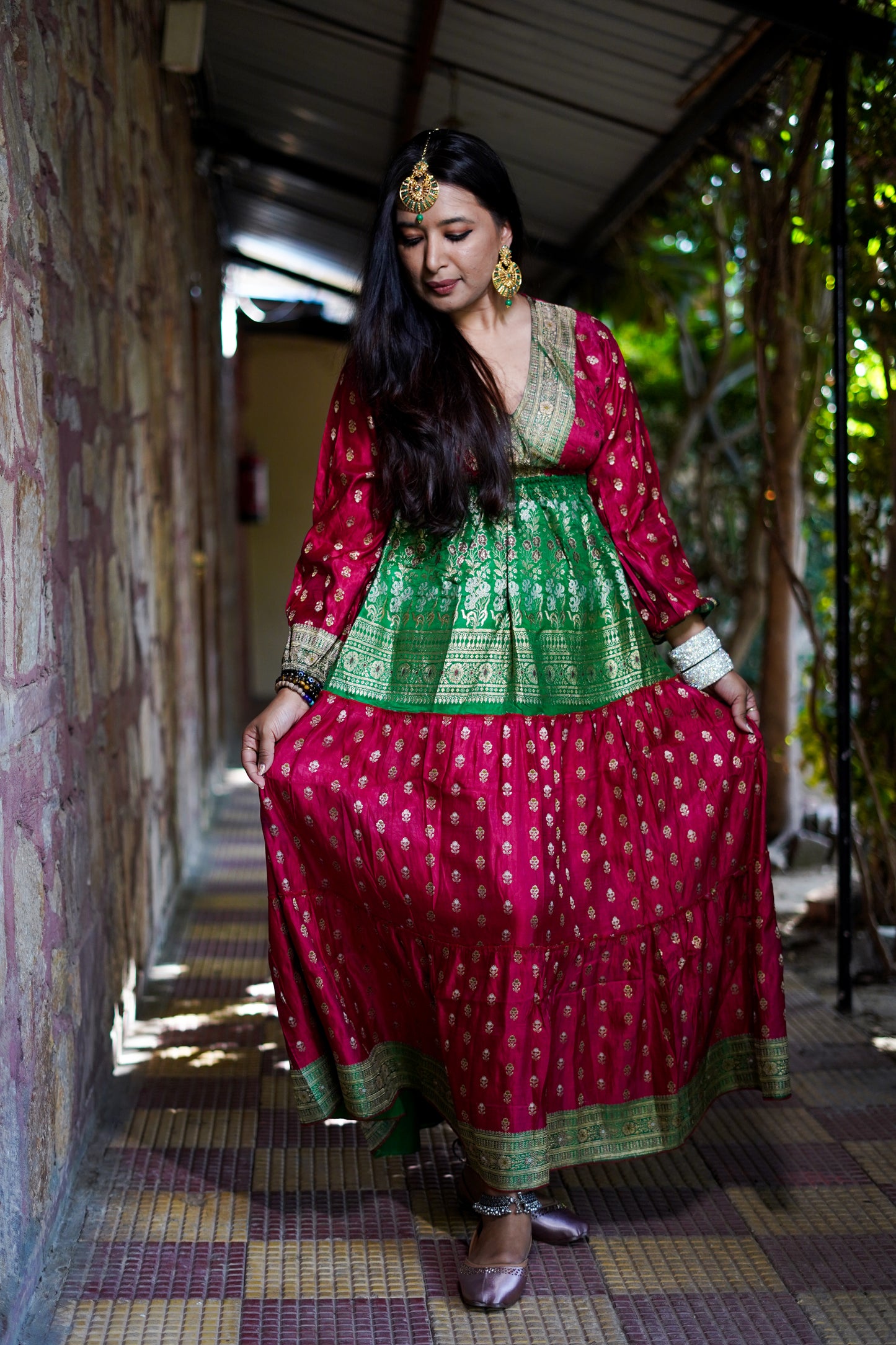 Brocade Dress - Red & Green