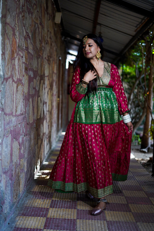 Brocade Dress - Red & Green