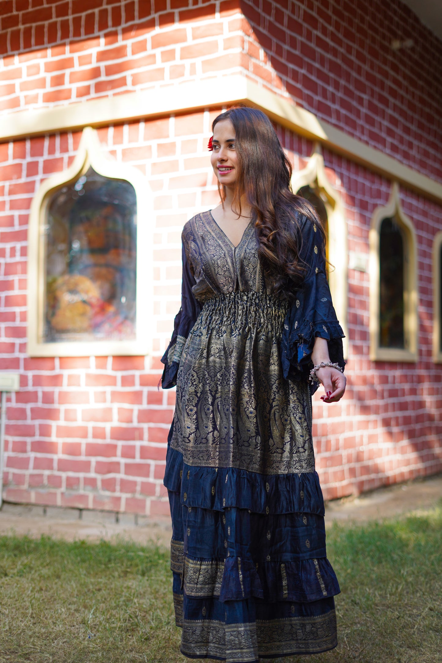 Brocade Dress - Dark Blue & Gold