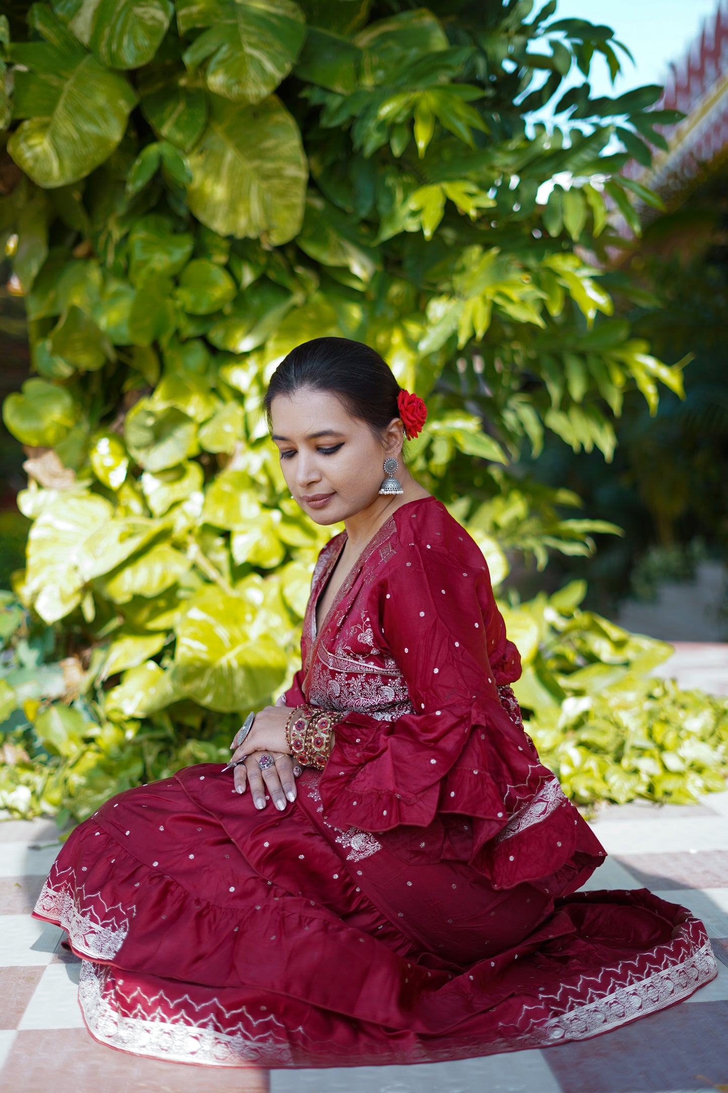 Brocade Dress - Dark Red