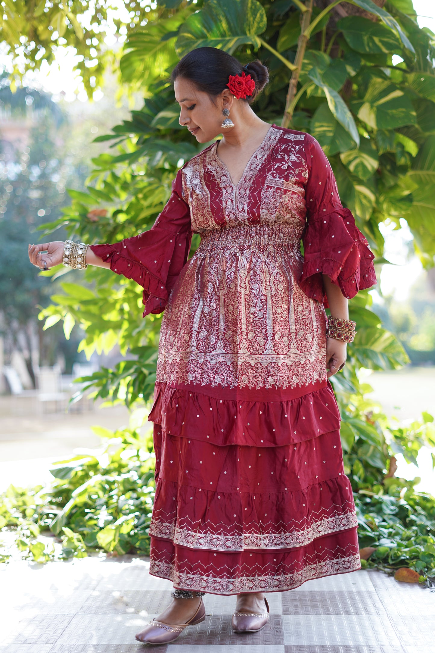 Brocade Dress - Dark Red