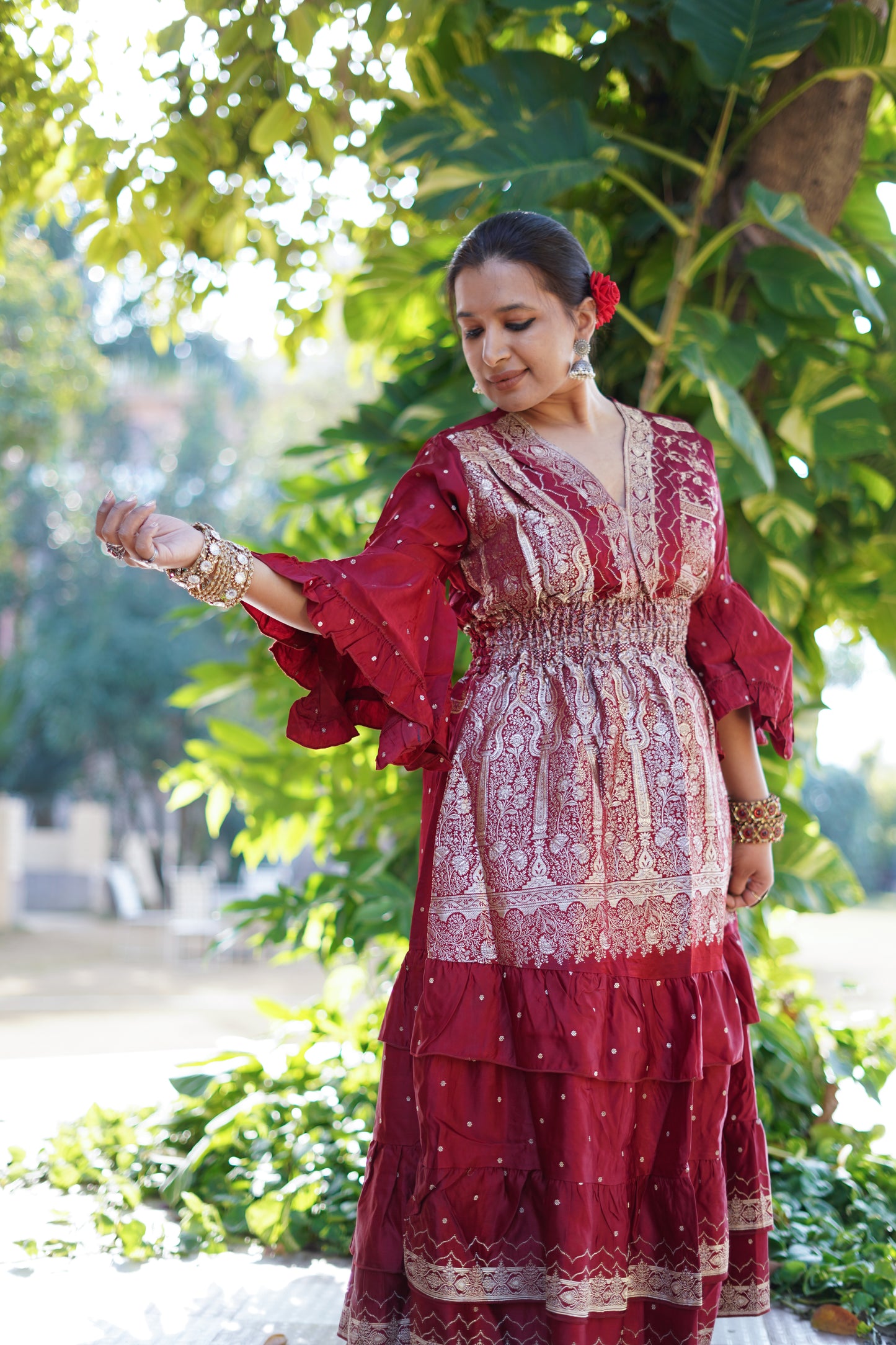 Brocade Dress - Dark Red