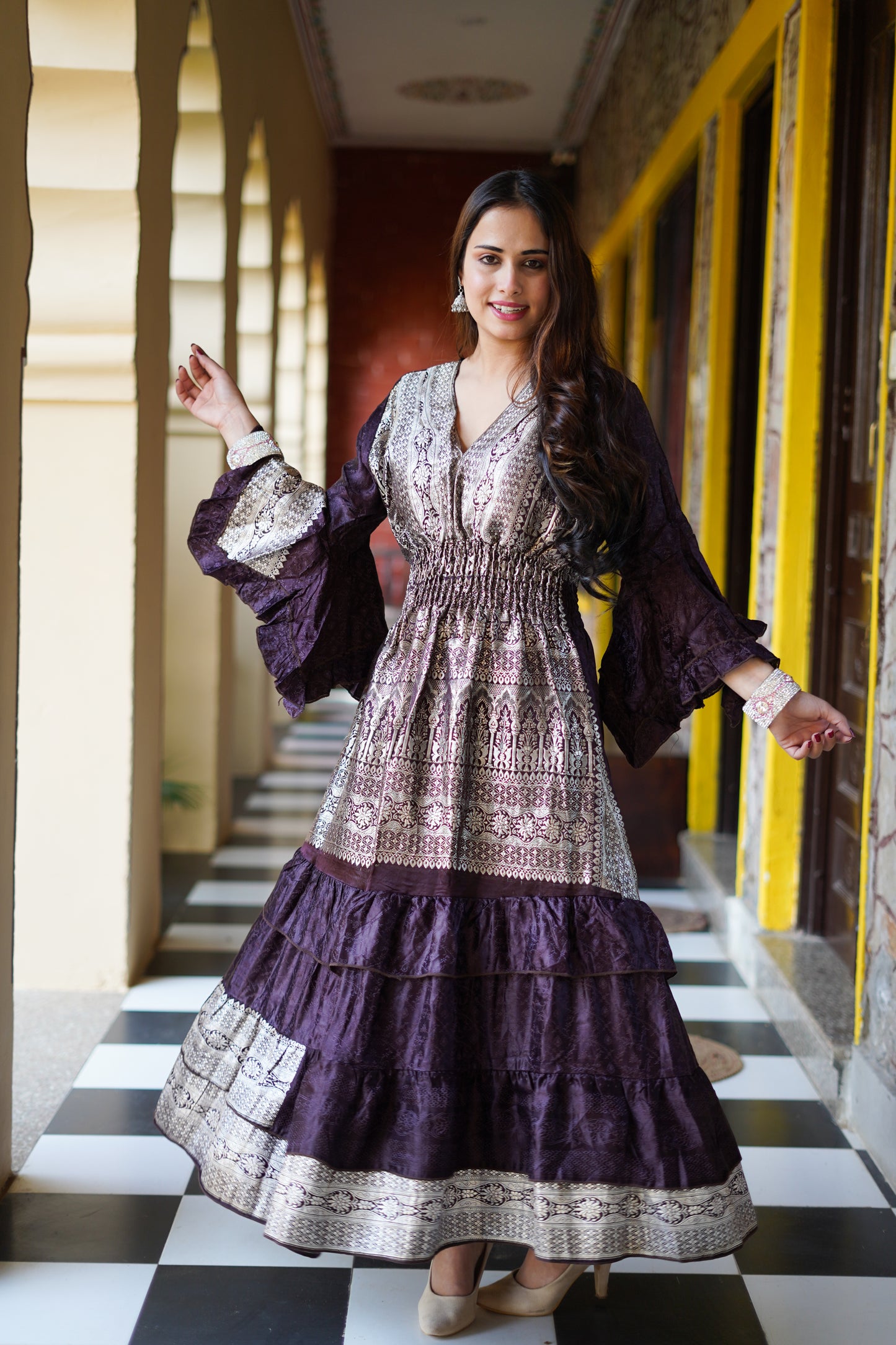 Brocade Dress - Purple & Silver