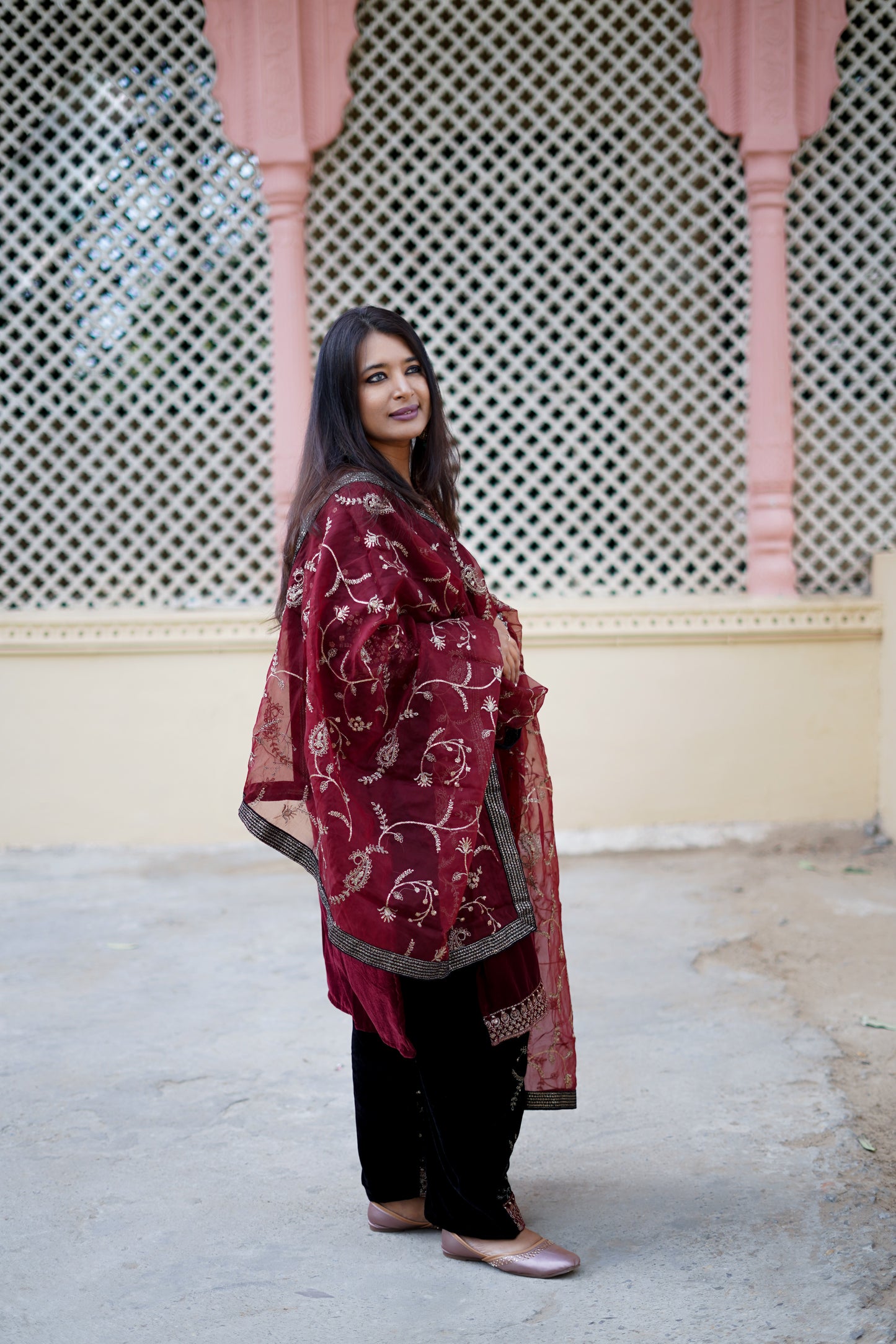 Heavy Dupatta Maroon Velvet Suit