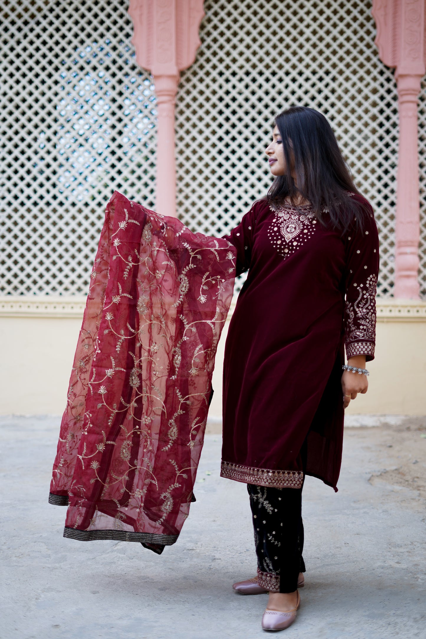 Heavy Dupatta Maroon Velvet Suit