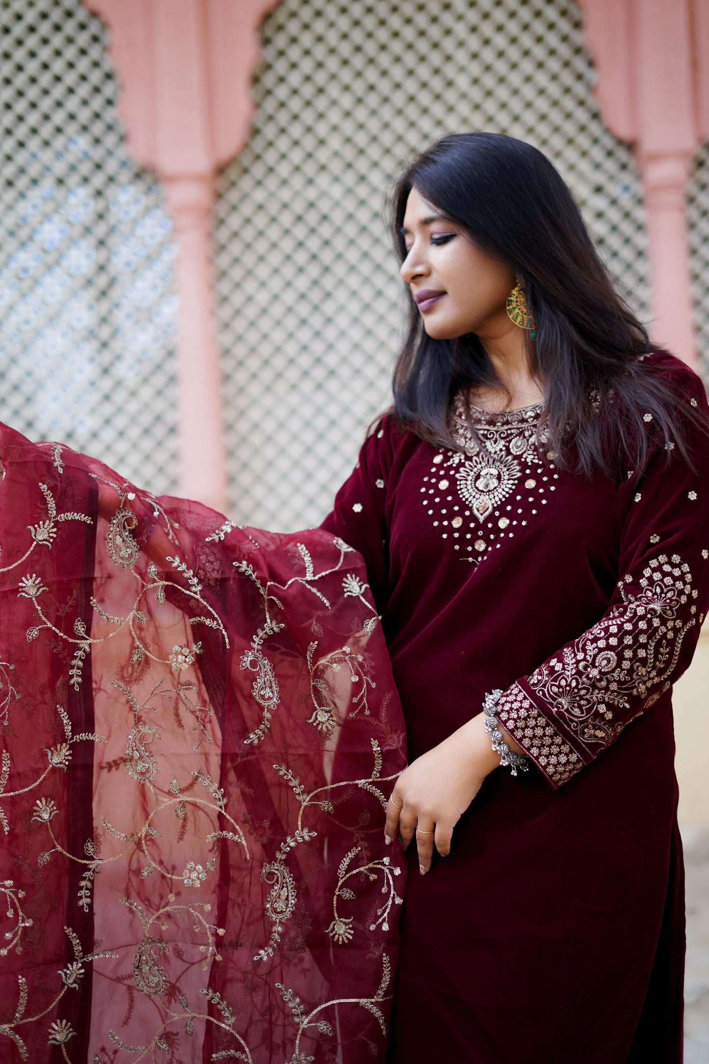 Heavy Dupatta Maroon Velvet Suit