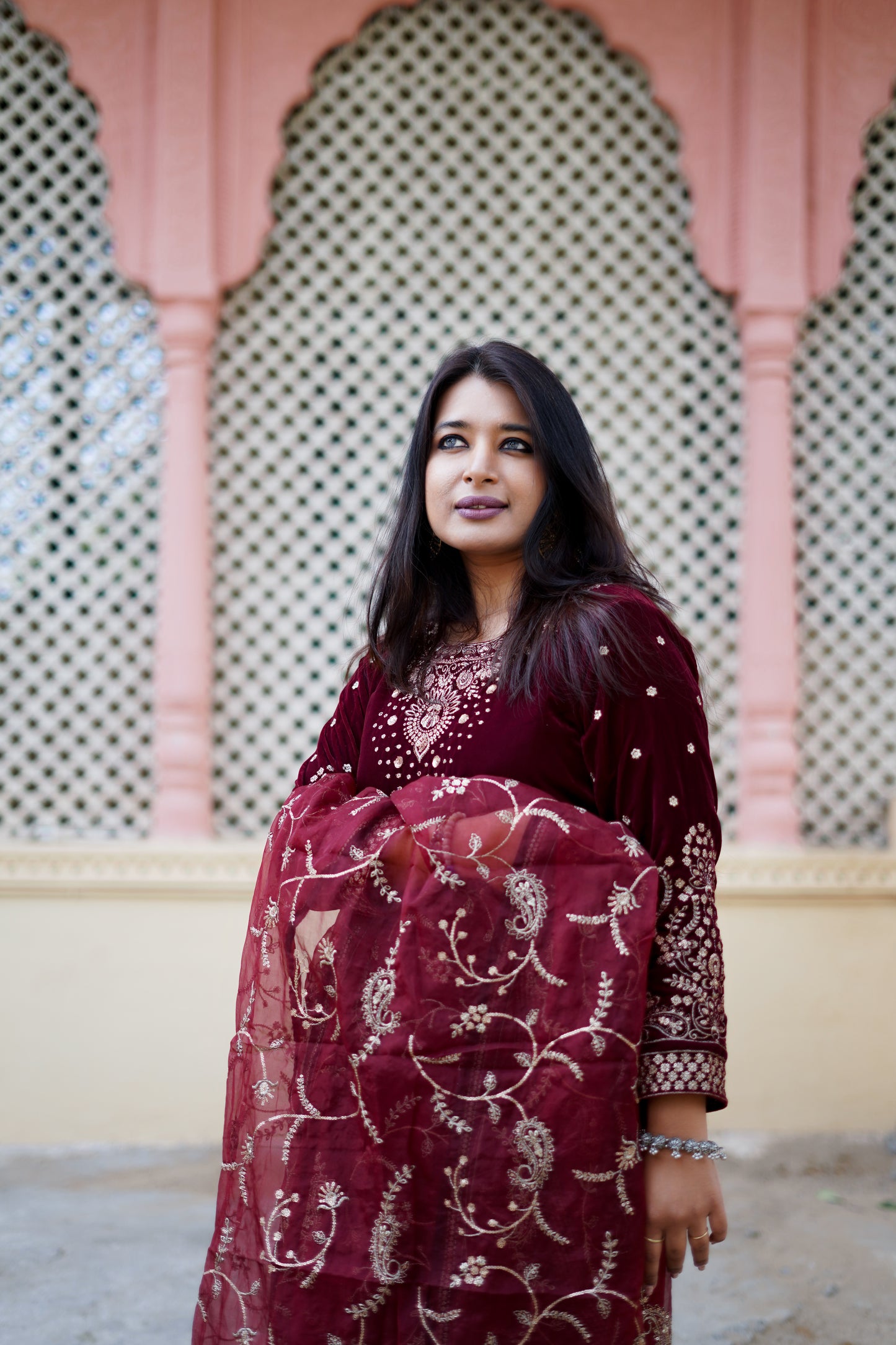 Heavy Dupatta Maroon Velvet Suit