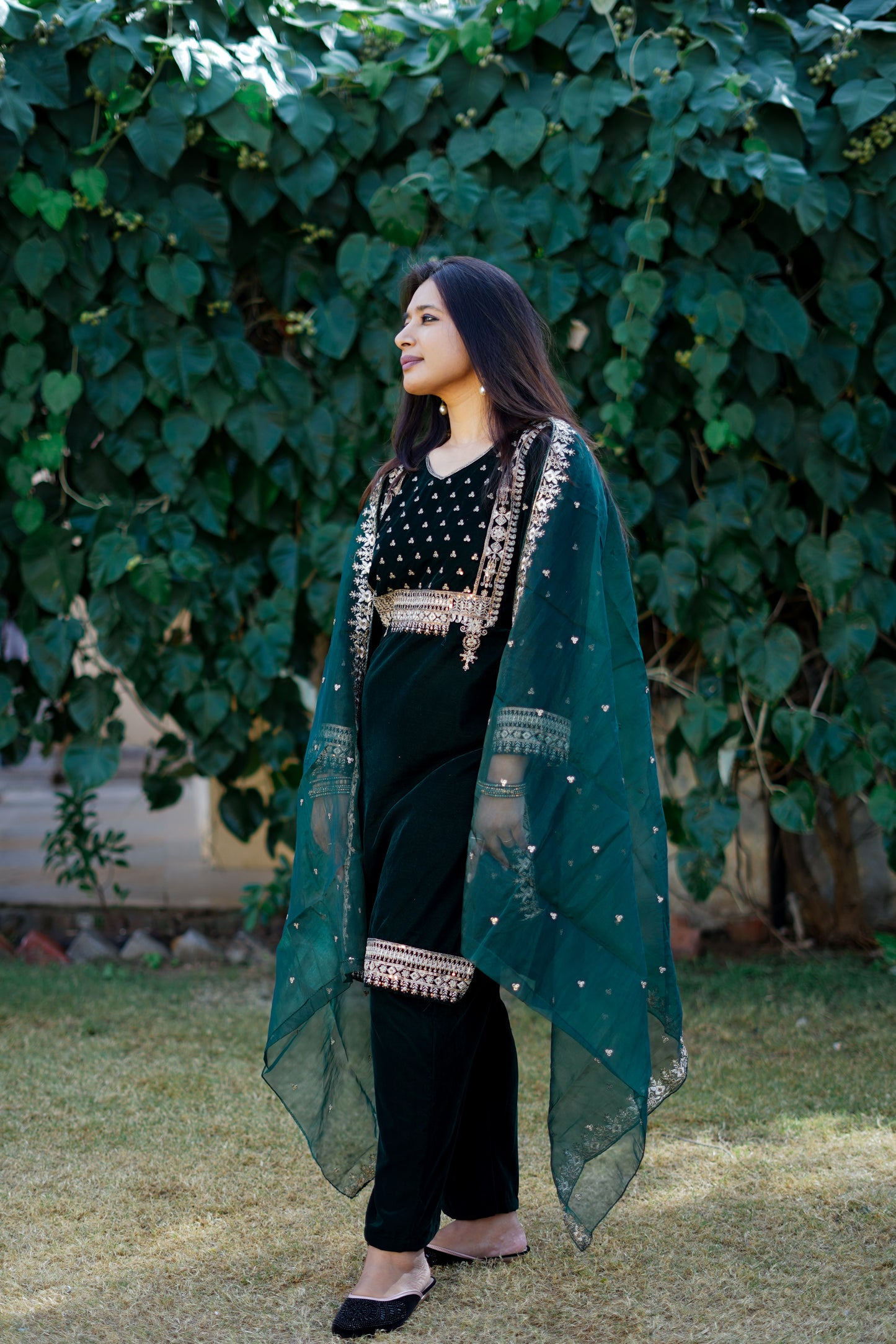 Bottle Green Velvet Salwar Suit