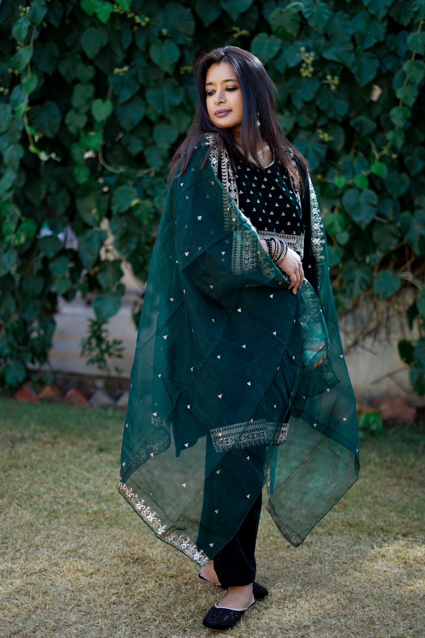 Bottle Green Velvet Salwar Suit