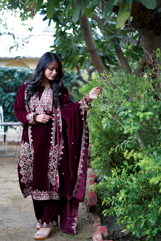 Maroon with Handwork Velvet Salwar Suit