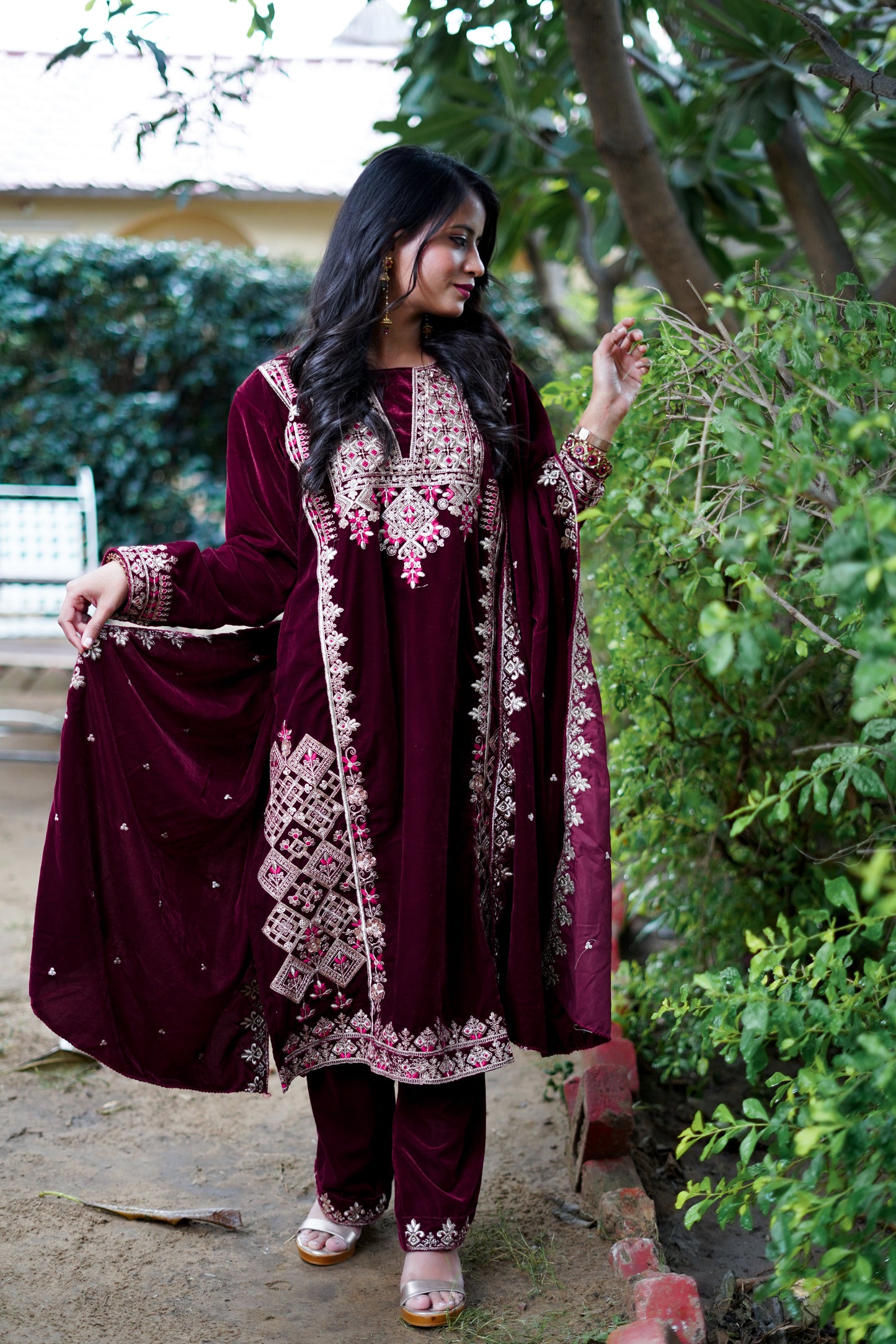 Maroon with Handwork Velvet Salwar Suit