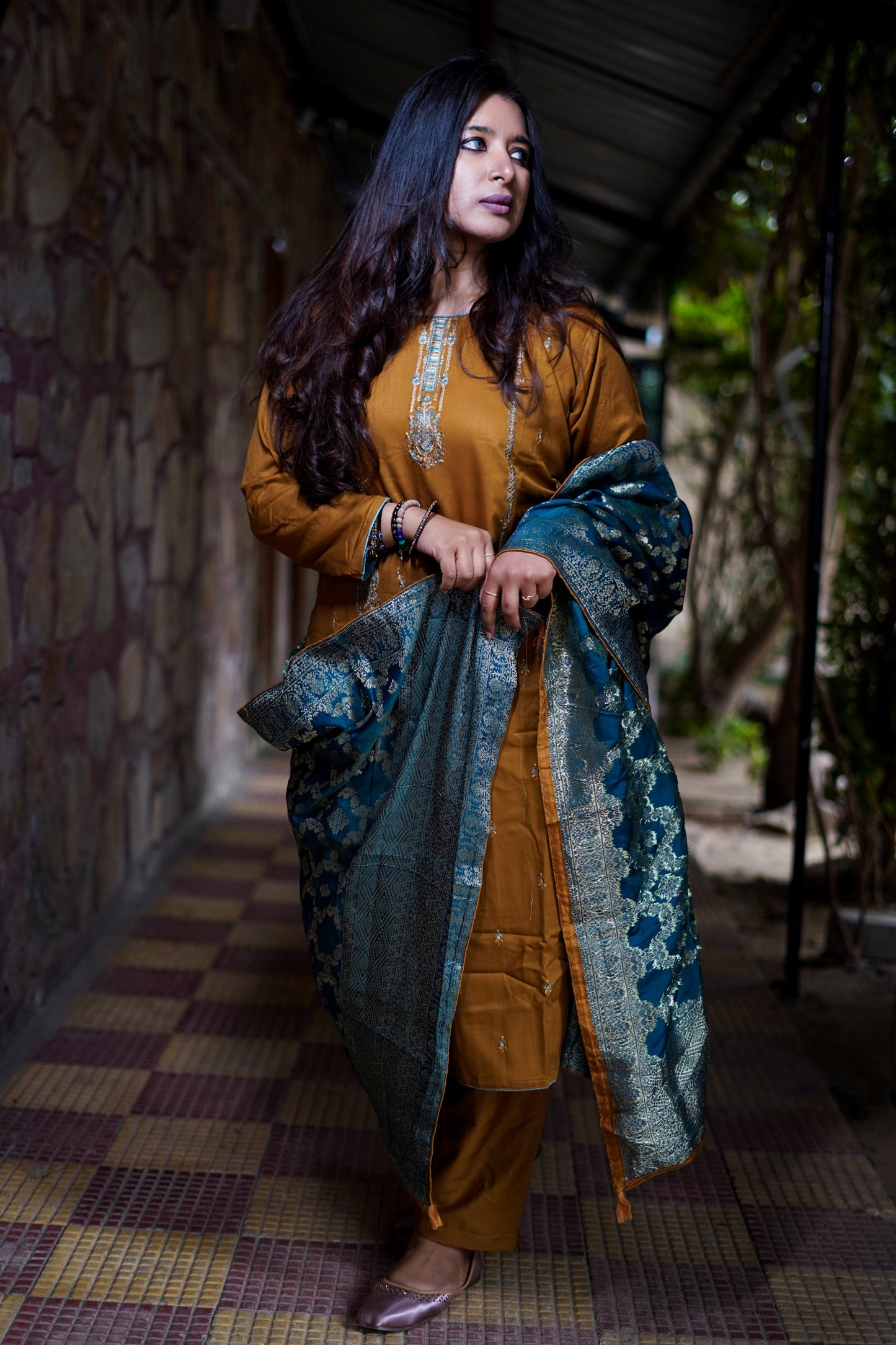 Mustard / Blue Pure Pashmina Suit