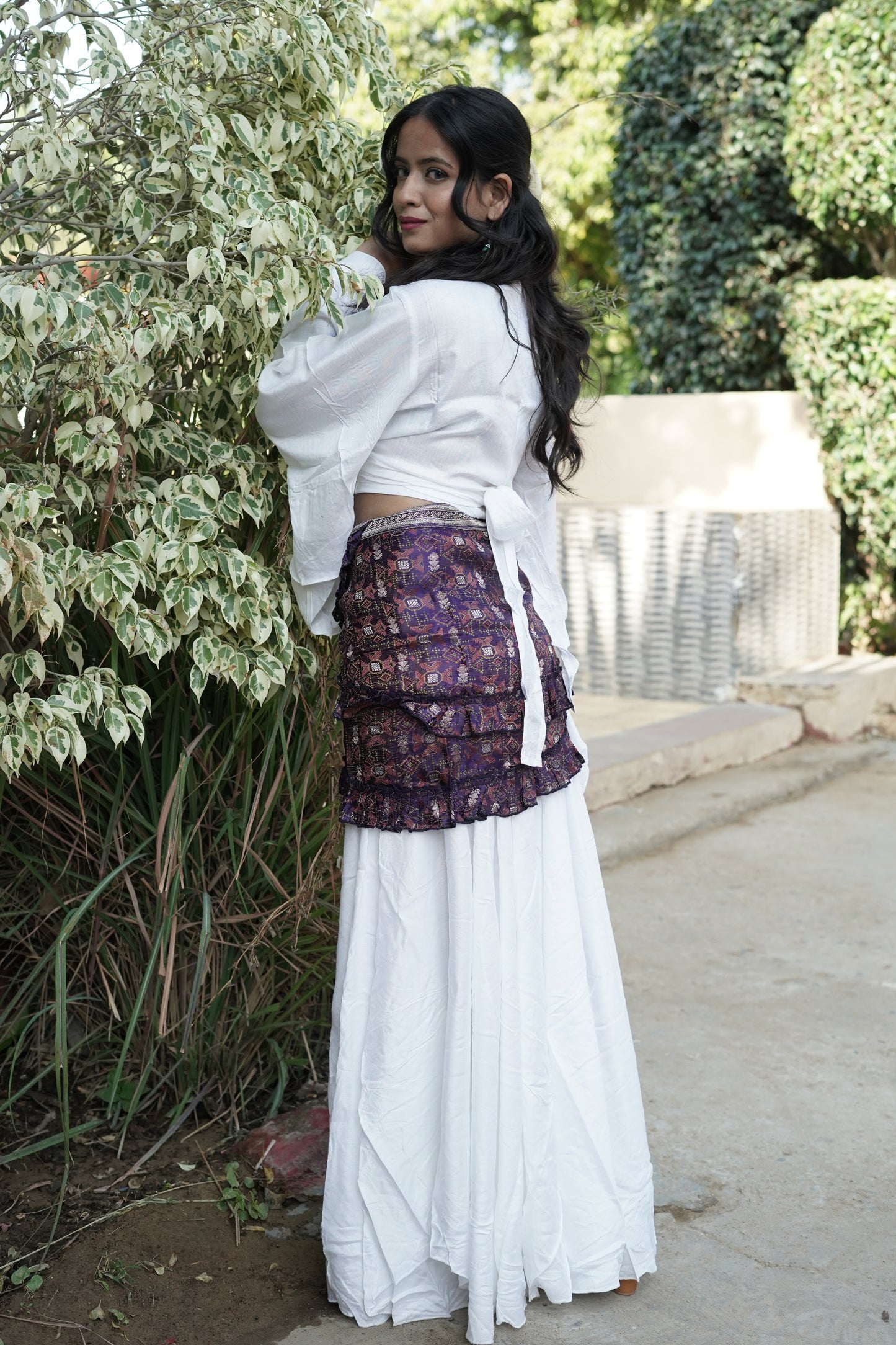 Soft Linen White Skirt Co-ord Set with purple fusion wrap around