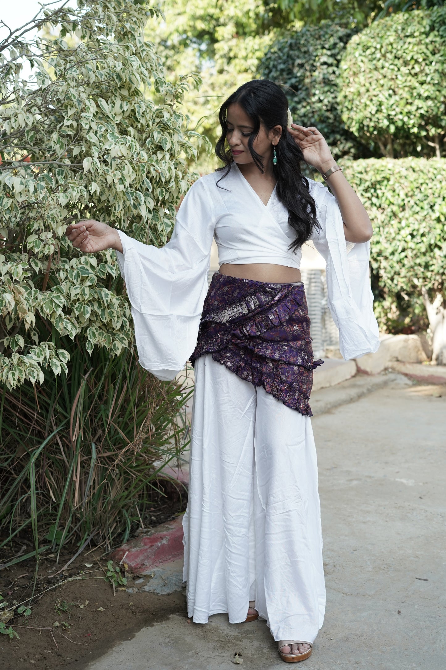 Soft Linen White Skirt Co-ord Set with purple fusion wrap around