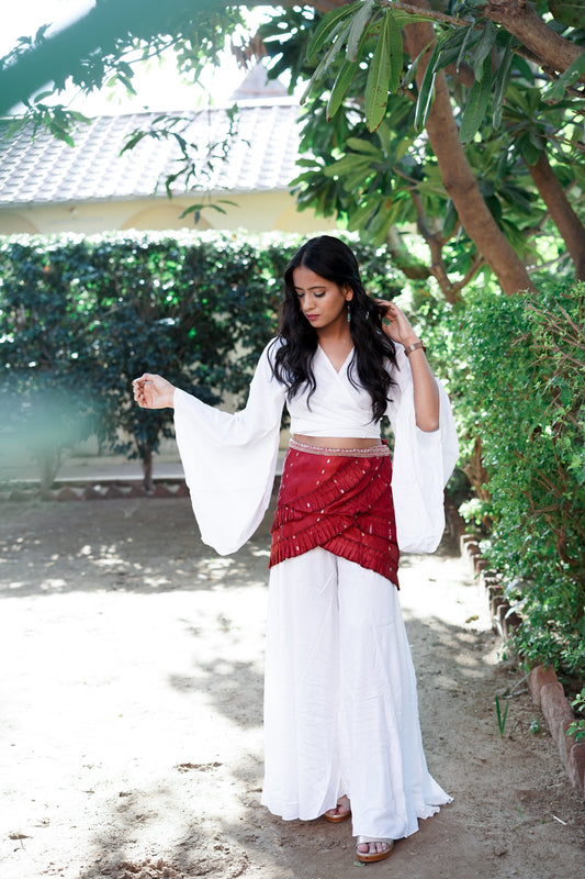 Soft Linen White Palazzo Co-ord Set with maroon wrap around