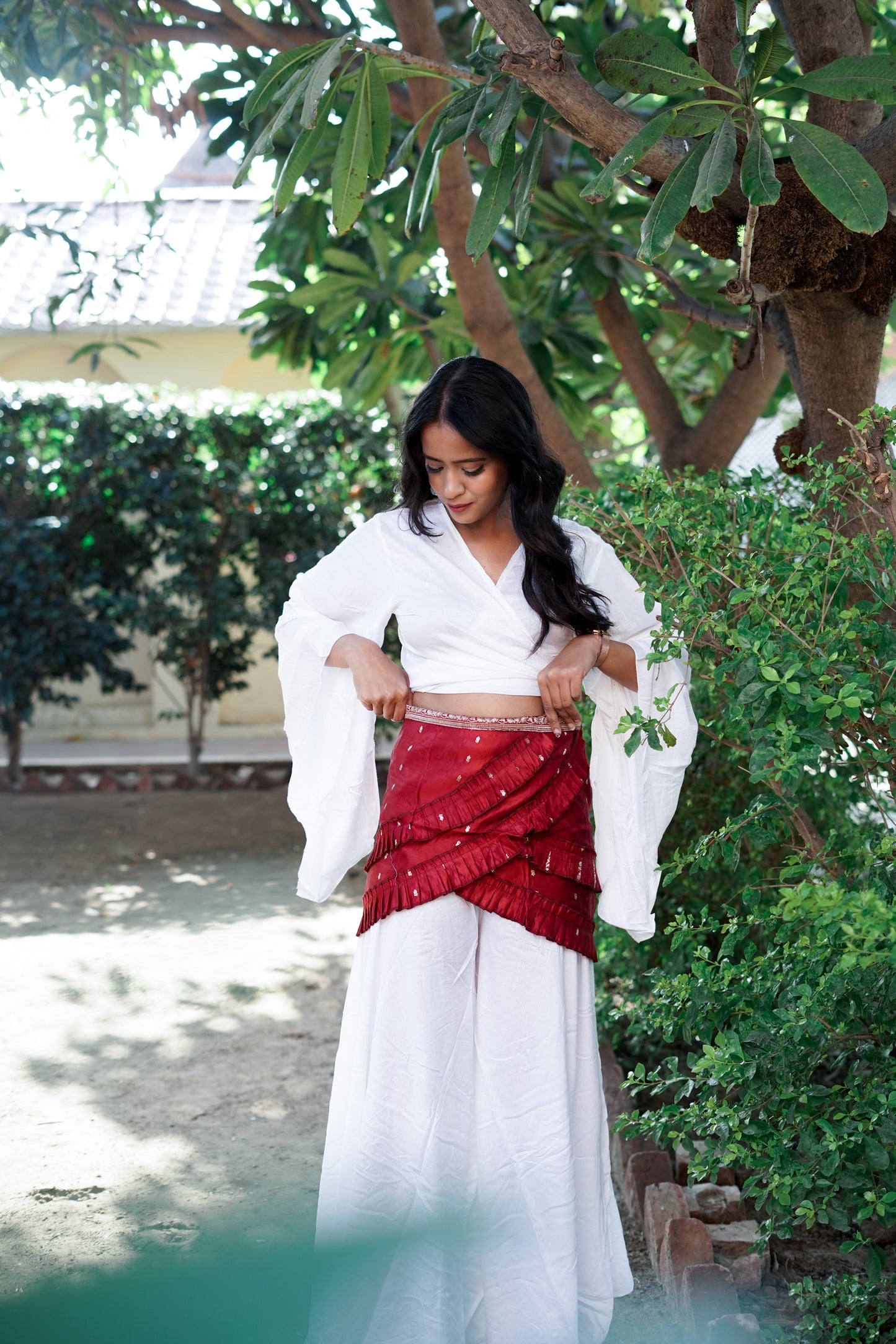 Soft Linen White Palazzo Co-ord Set with maroon wrap around