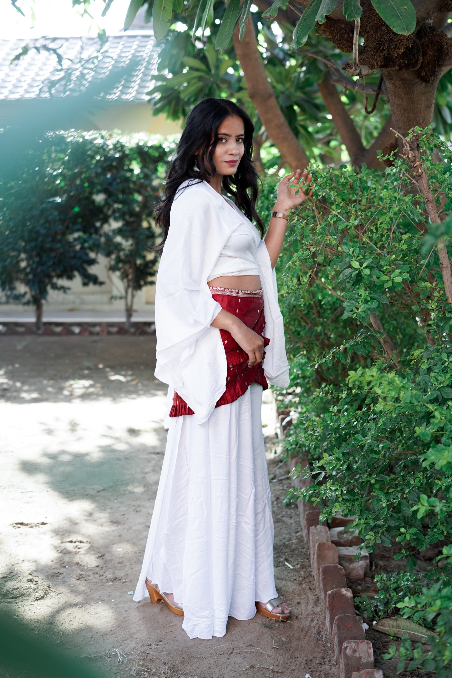 Soft Linen White Palazzo Co-ord Set with maroon wrap around