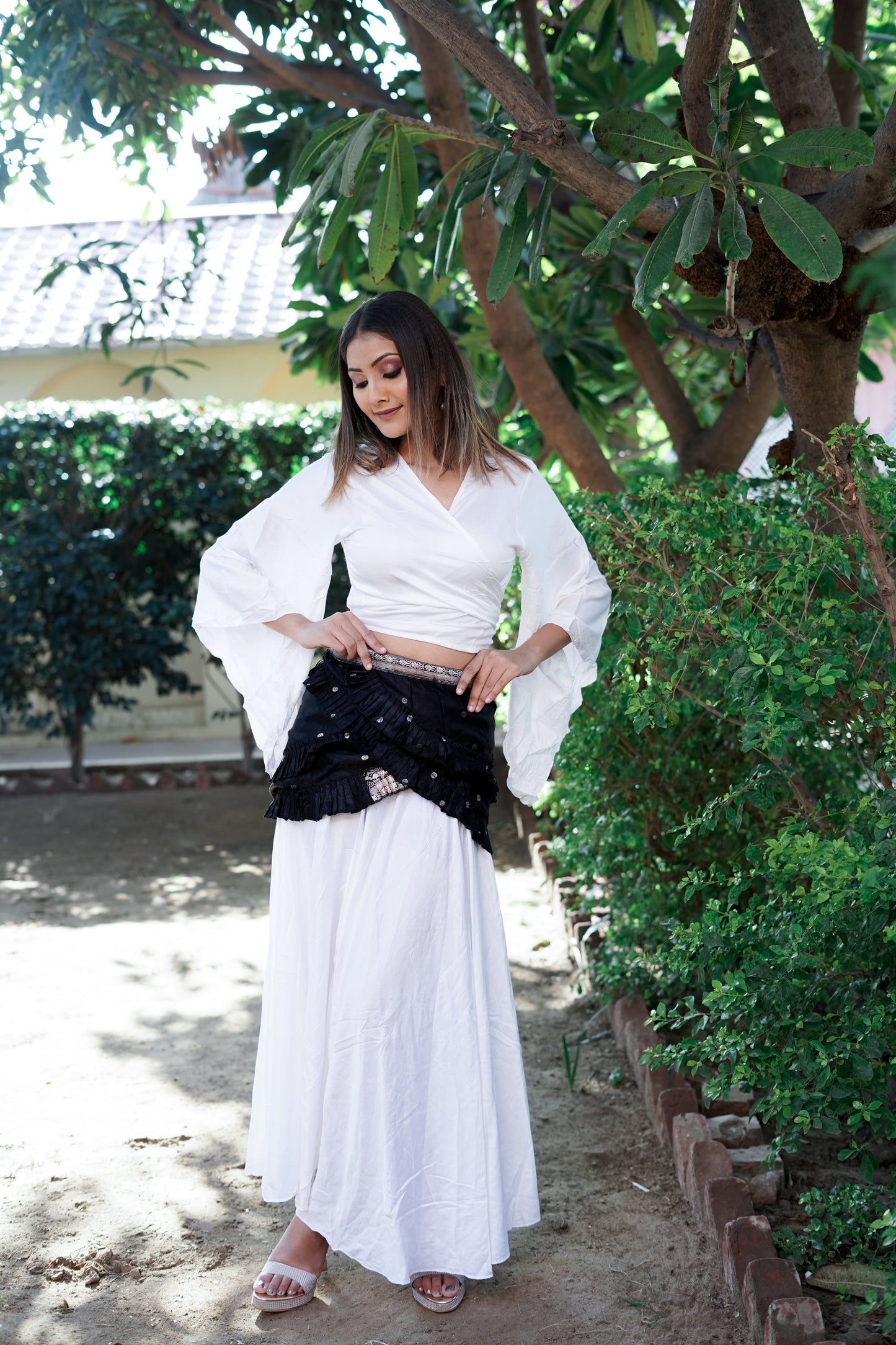 Soft Linen White Skirt Co-ord Set with Black wrap around