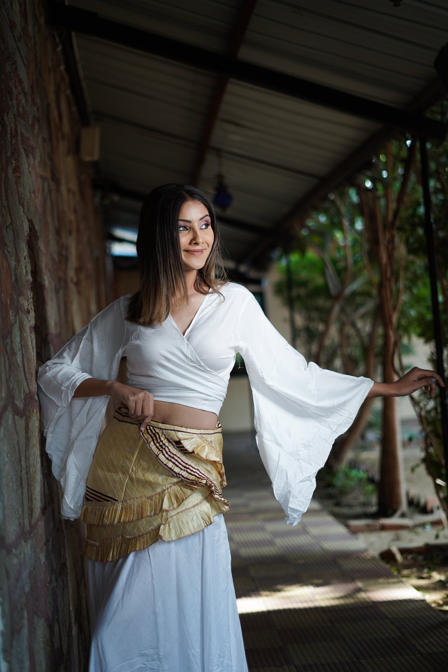 Soft Linen White Skirt Co-ord Set with Yellow wrap around