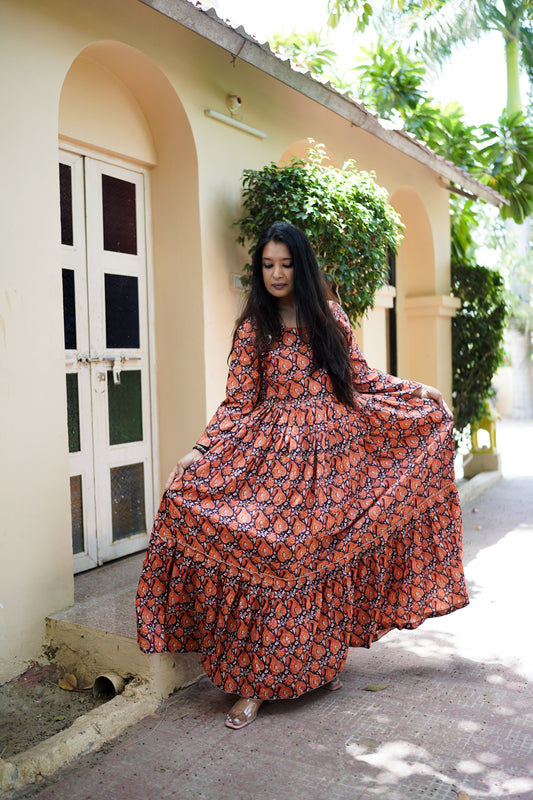 Orange & Brown Cotton Senorita Long Dress