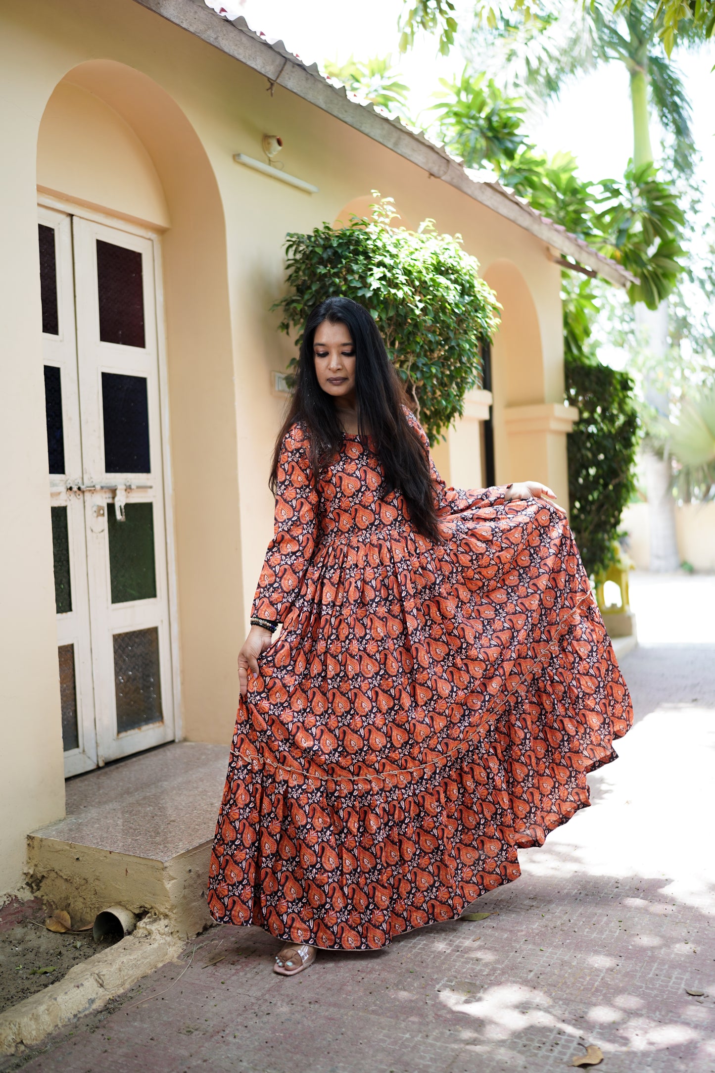 Orange & Brown Cotton Senorita Long Dress