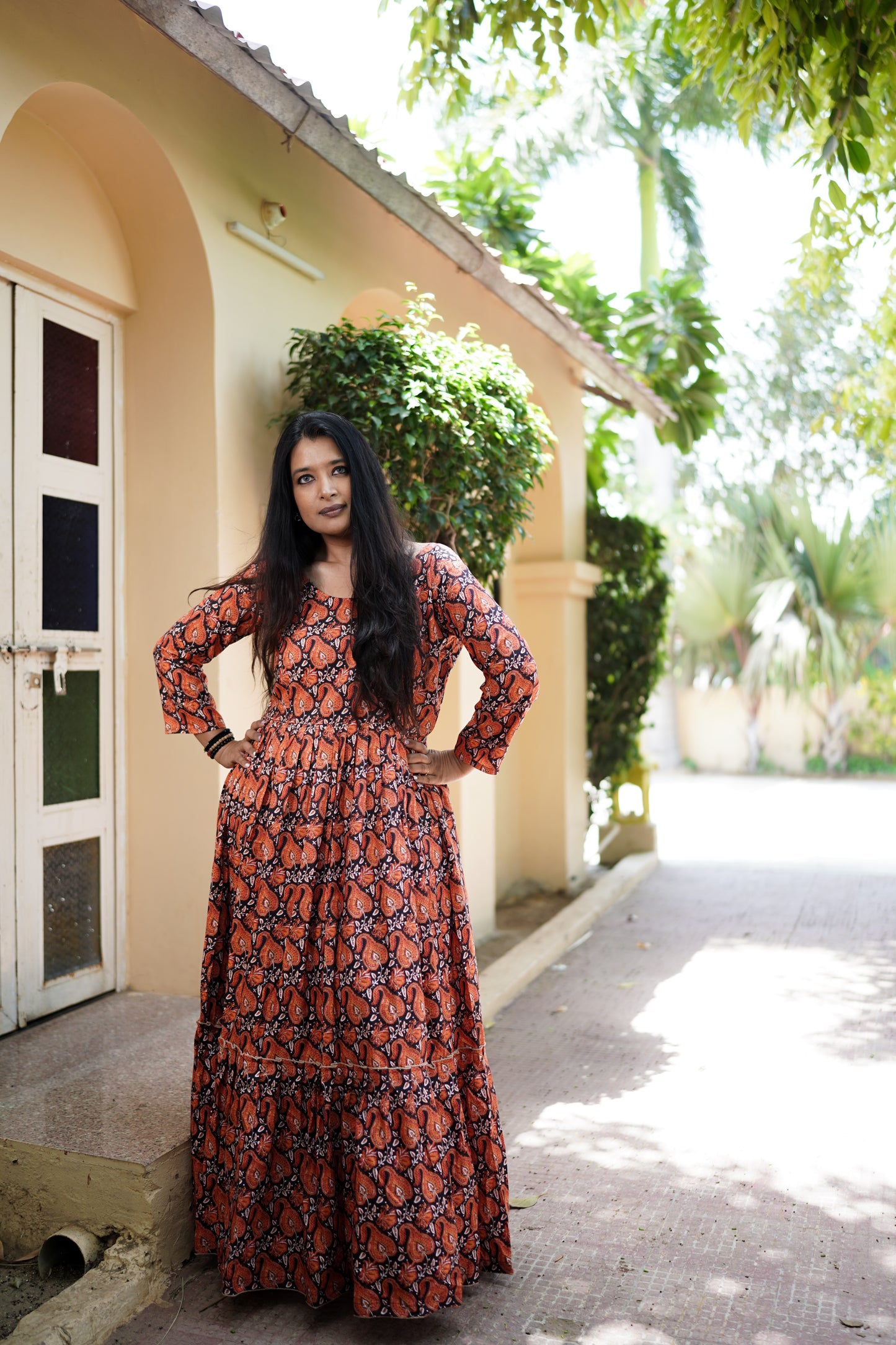 Orange & Brown Cotton Senorita Long Dress