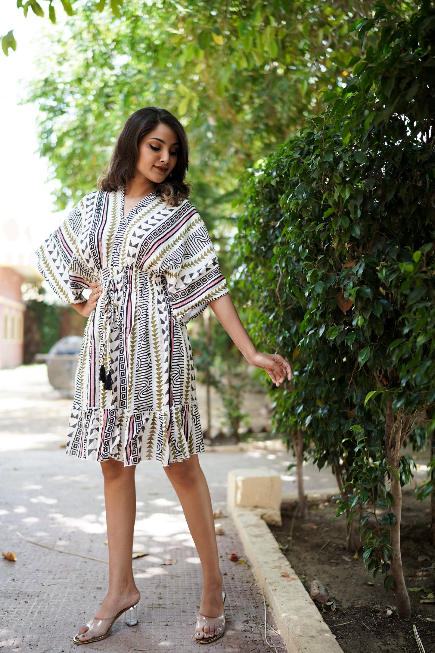 White Fusion Kaftan Style Short Summer Dress