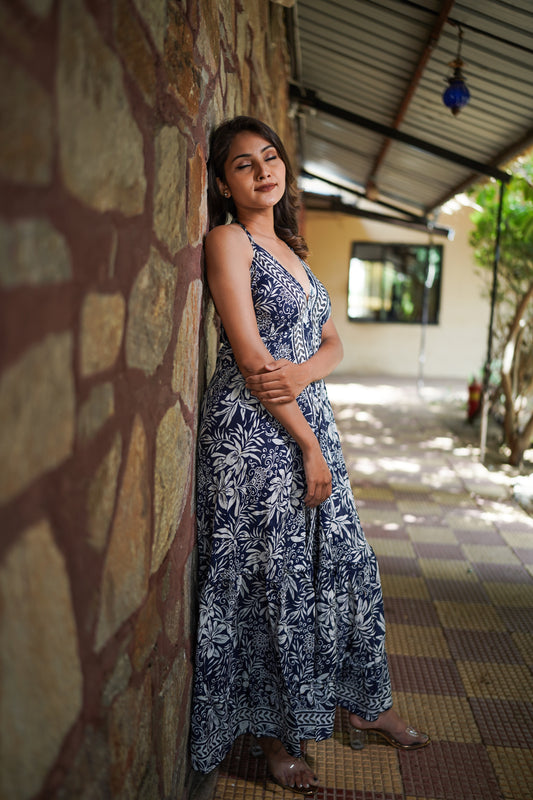 Royal Blue & White Backless Long Dress