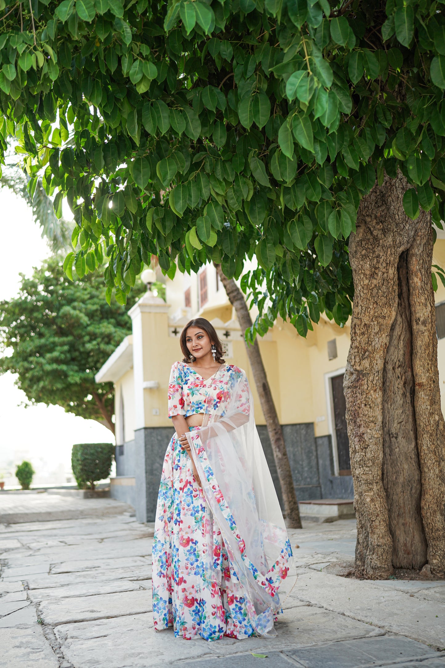 White Floral Fully Stitched Lehenga (with margin)