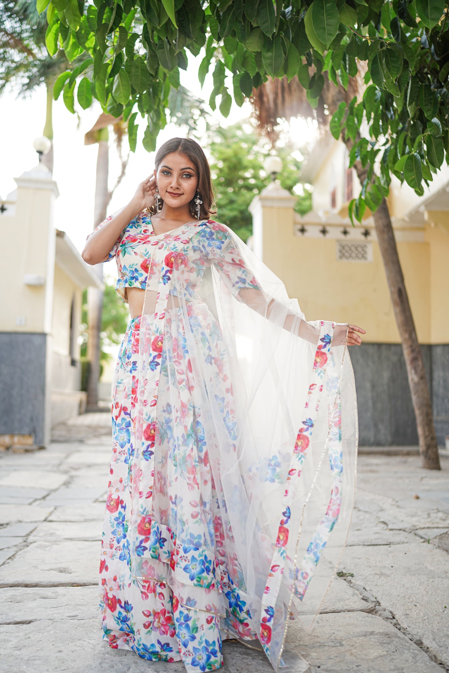 White Floral Fully Stitched Lehenga (with margin)