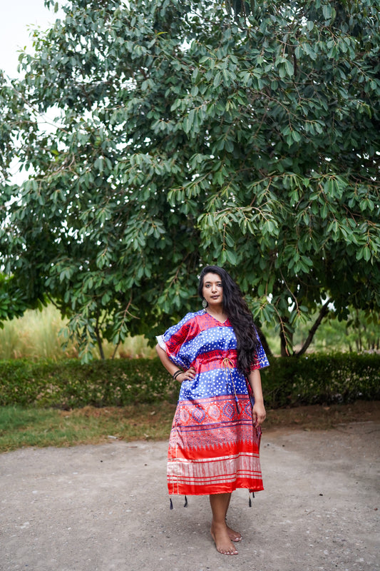 Contemporary Blue & Red Bandhani Party wear Kaftan