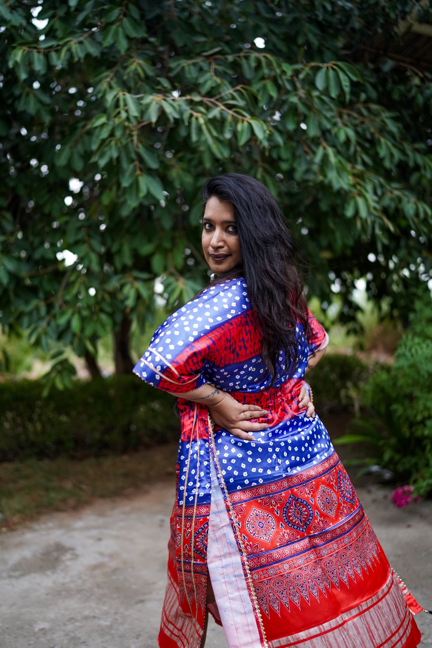 Contemporary Blue & Red Bandhani Party wear Kaftan